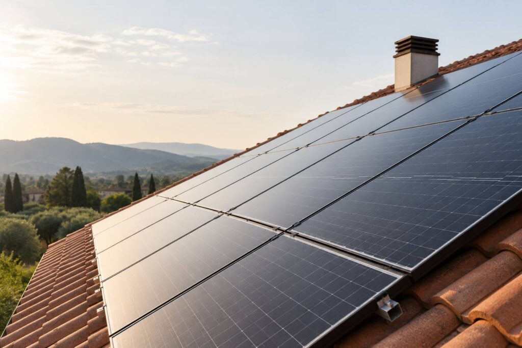 Toiture residentielle couverte de modules solaires sous une lumiere douce