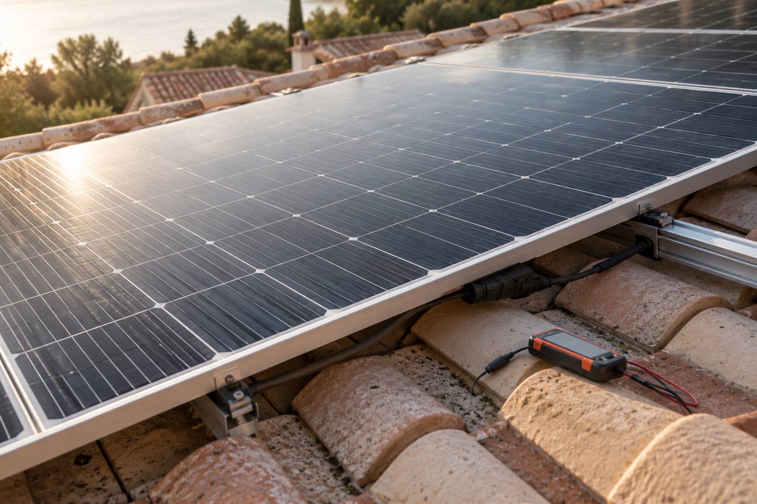 Surface d'un module solaire avec un outil de controle pose sur le toit