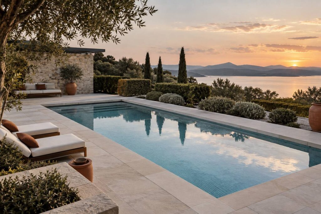 Piscine enterree dans un jardin avec margelle en pierre et eau calme