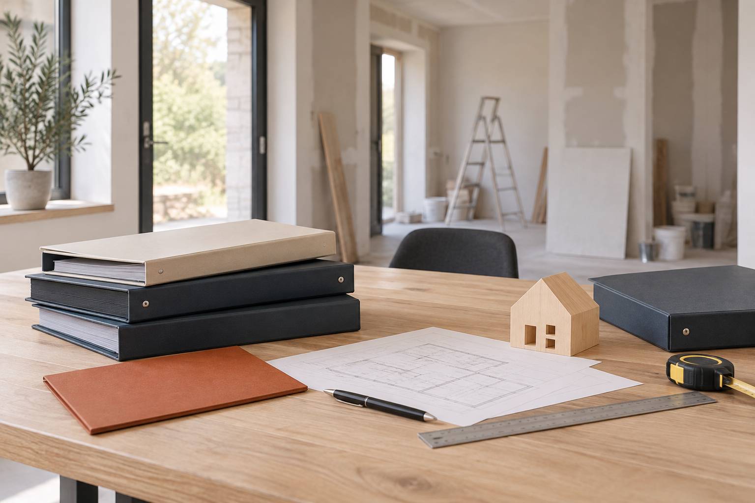Bureau d'expertise avec maquette de maison en bois et mètre ruban