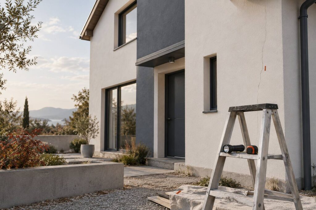 Fissure sur une façade avec escabeau et lampe torche