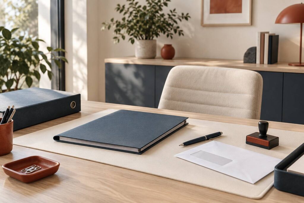 Bureau d'expertise assurance avec dossier ferme, tampon et enveloppe