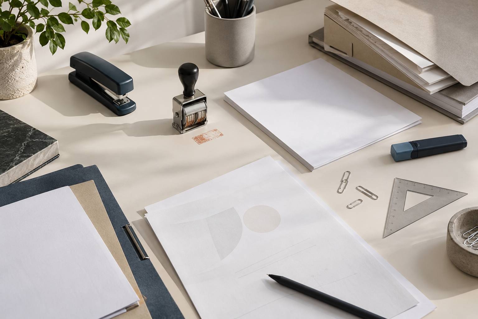Plan de travail administratif avec chemises, tampon et agrafeuse