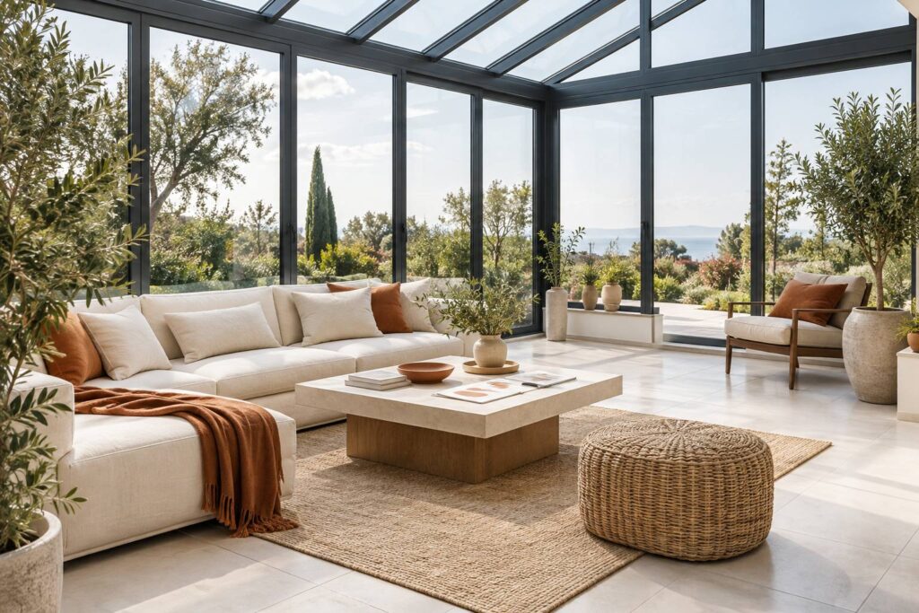 Veranda lumineuse avec baies vitrees, canape en lin et plantes vertes