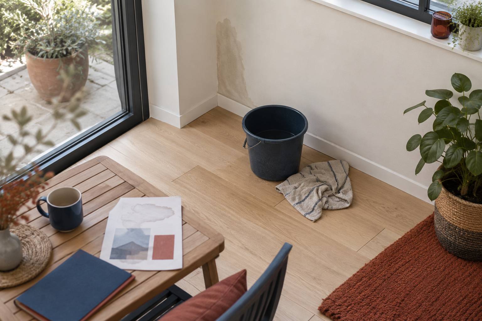 Angle de veranda avec trace d'infiltration discrete pres d'une menuiserie claire