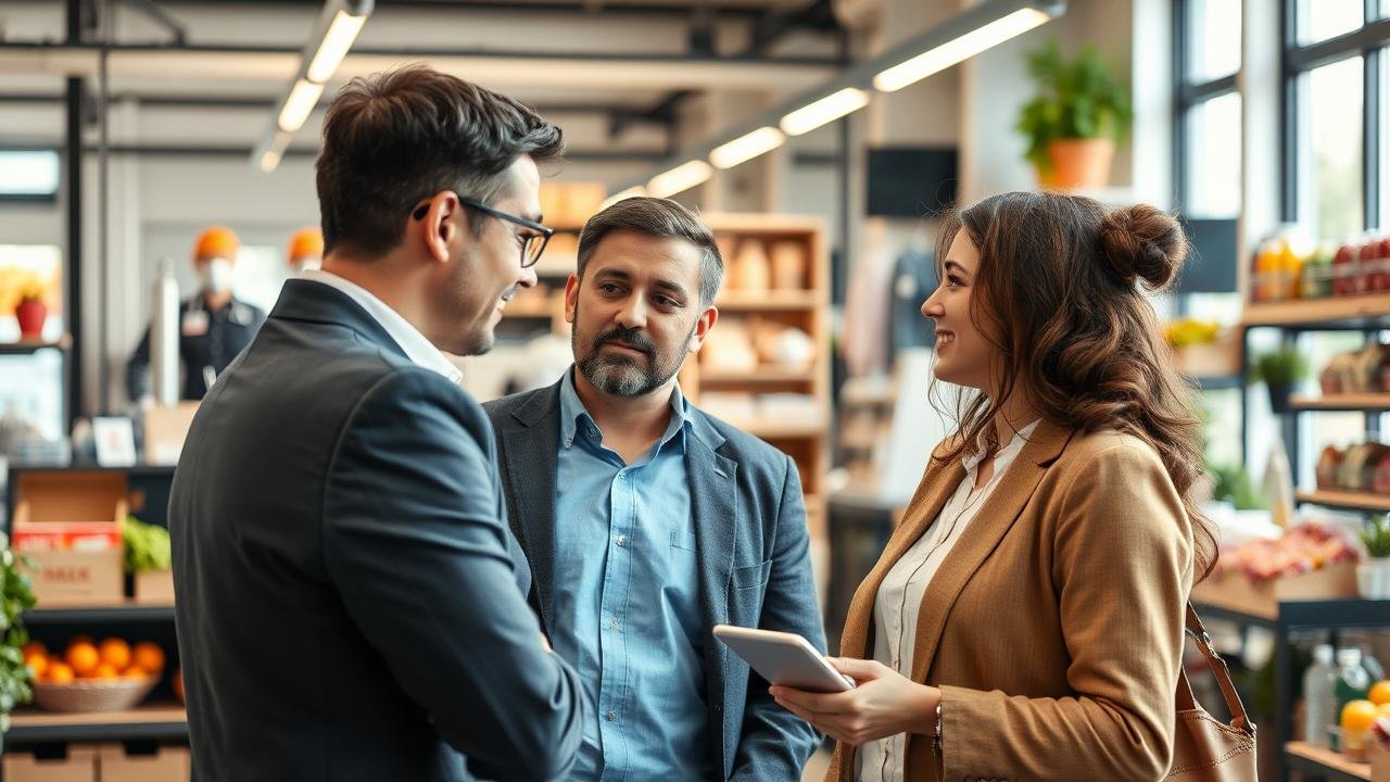 Agent commercial multicarte en pleine action, discutant avec des clients dans divers secteurs tels que l'industrie, l'alimentation et la santé, dans un environnement de travail moderne et dynamique.