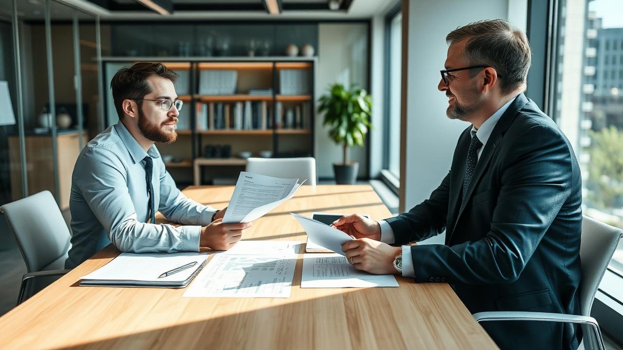 Expert-comptable et dirigeant d'entreprise discutant d'un audit contractuel dans un bureau moderne, avec des documents financiers sur la table et une lumière naturelle agréable.