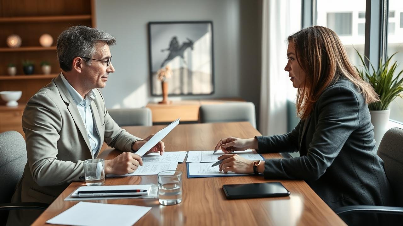Table de négociation dans un bureau moderne avec deux personnes en discussion autour de documents de contrat, ambiance conviviale, lumière naturelle, exprimant un dialogue constructif sur un contrat de gré à gré.