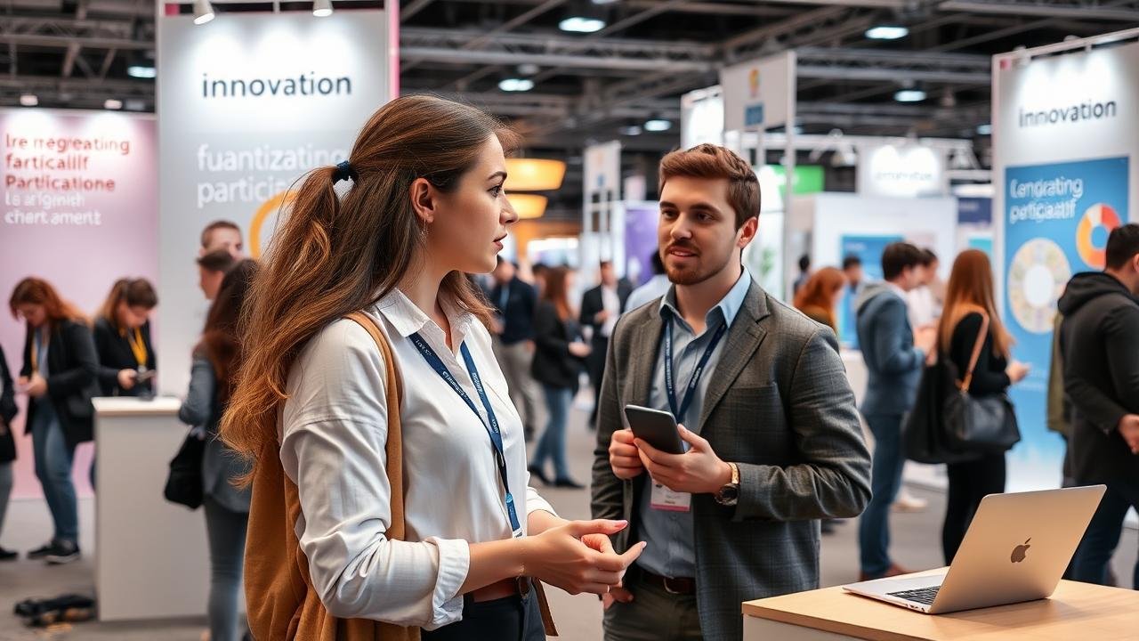 Jeune femme discutant avec un entrepreneur dans un salon de l'innovation, entourée de stands modernes sur le financement participatif et des jeunes professionnels, mettant en avant l'importance du crowd equity dans un environnement convivial et dynamique.