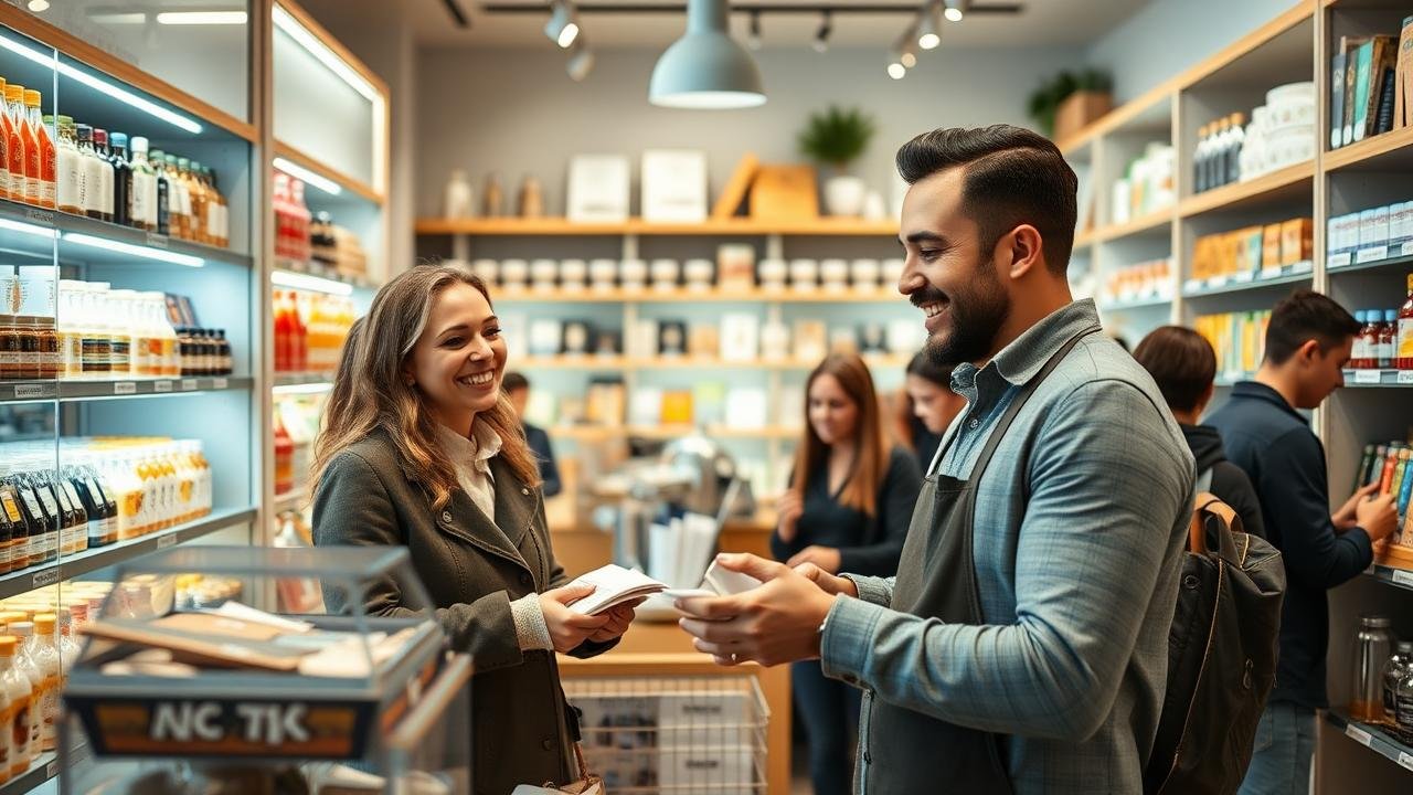 Commerçant souriant dans une boutique élégante entouré de clients examinant des articles variés sur des étagères bien organisées, illustrant des indices de vente divers et une ambiance conviviale.