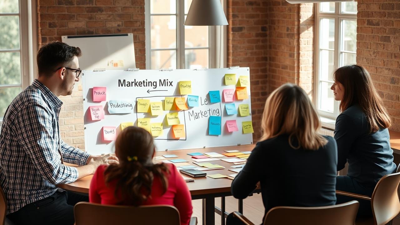 Tableau de brainstorming sur le marketing mix avec des post-it colorés représentant les aspects produit, prix, distribution et promotion, un consultant en marketing et des professionnels discutant autour d'une table, ambiance collaborative et lumière naturelle.