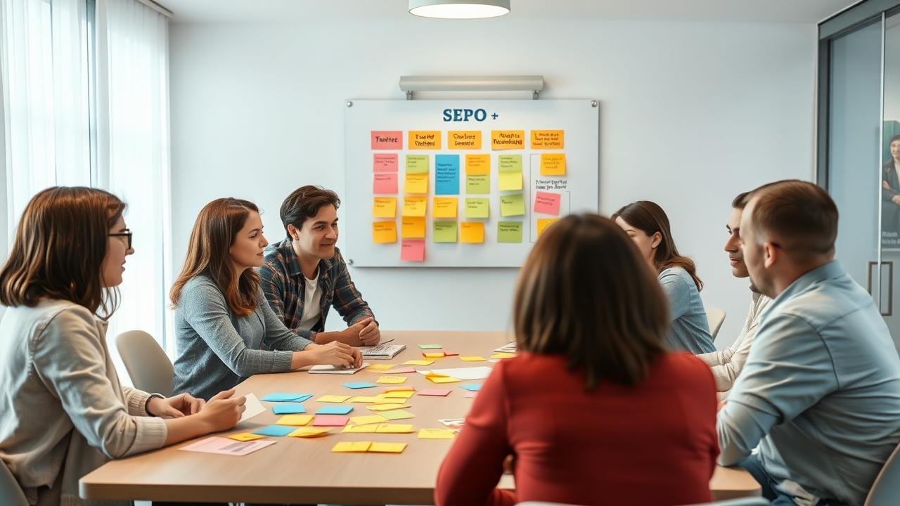 Réunion d'équipe dynamique dans une salle lumineuse avec des personnes autour d'une table, utilisant des post-its colorés pour collaborer sur un projet, avec des éléments de la matrice SEPO affichés au tableau en arrière-plan.