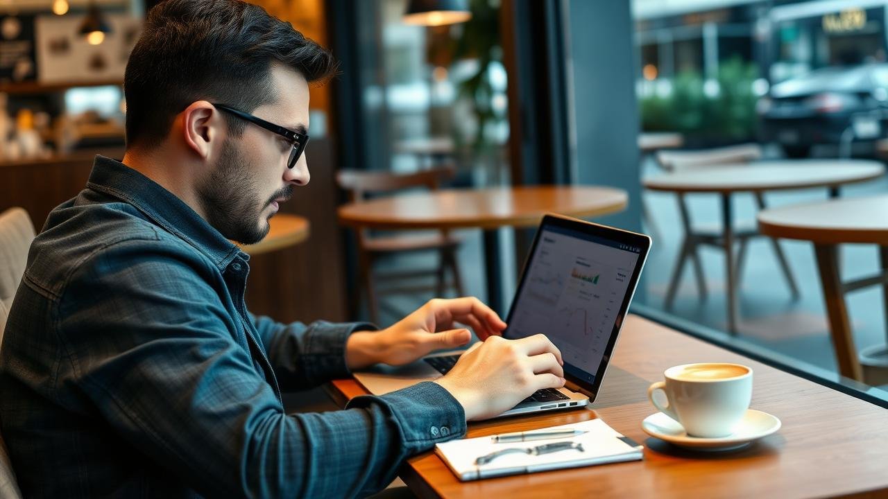 auto-entrepreneur concentré devant son ordinateur portable dans un café, affichant des factures et devis, avec une tasse de café et des notes, illustrant un environnement de travail typique et pratique, myae avis sur l'efficacité de ce mode de travail.