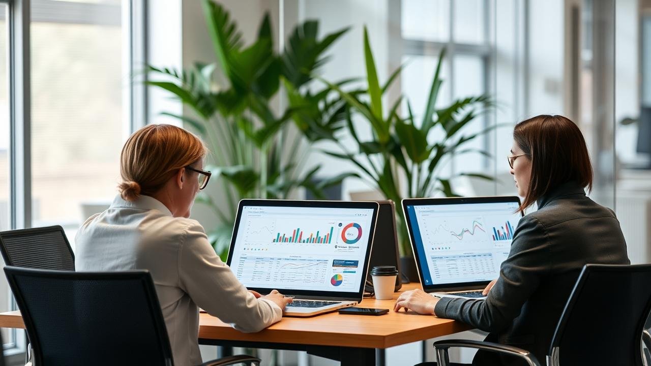 Équipe de collaborateurs analysant des tableaux de bord RSE sur des ordinateurs portables dans un bureau moderne, affichant des graphiques et des données, avec des plantes vertes en arrière-plan, illustrant l'utilisation d'outils RSE pour favoriser la collaboration.