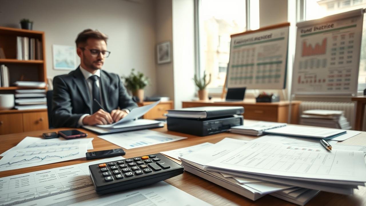 Bureau d'entreprise en liquidation avec documents financiers, factures, une calculatrice et un graphique sur une table, un employé analysant des chiffres, tableau des étapes de la liquidation en arrière-plan, lumière naturelle, illustrant le processus de boni de liquidation calcul.